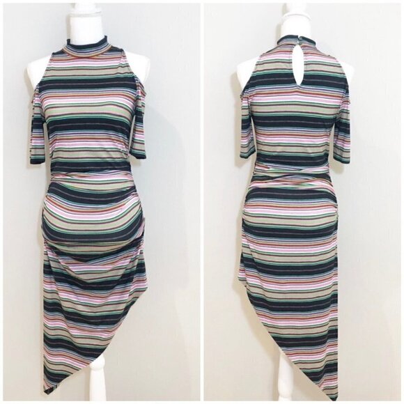 Artelier Nicole Miller Sz S Striped Mock Neck Cold Shoulder Asymmetrical Dress - Picture 2 of 11